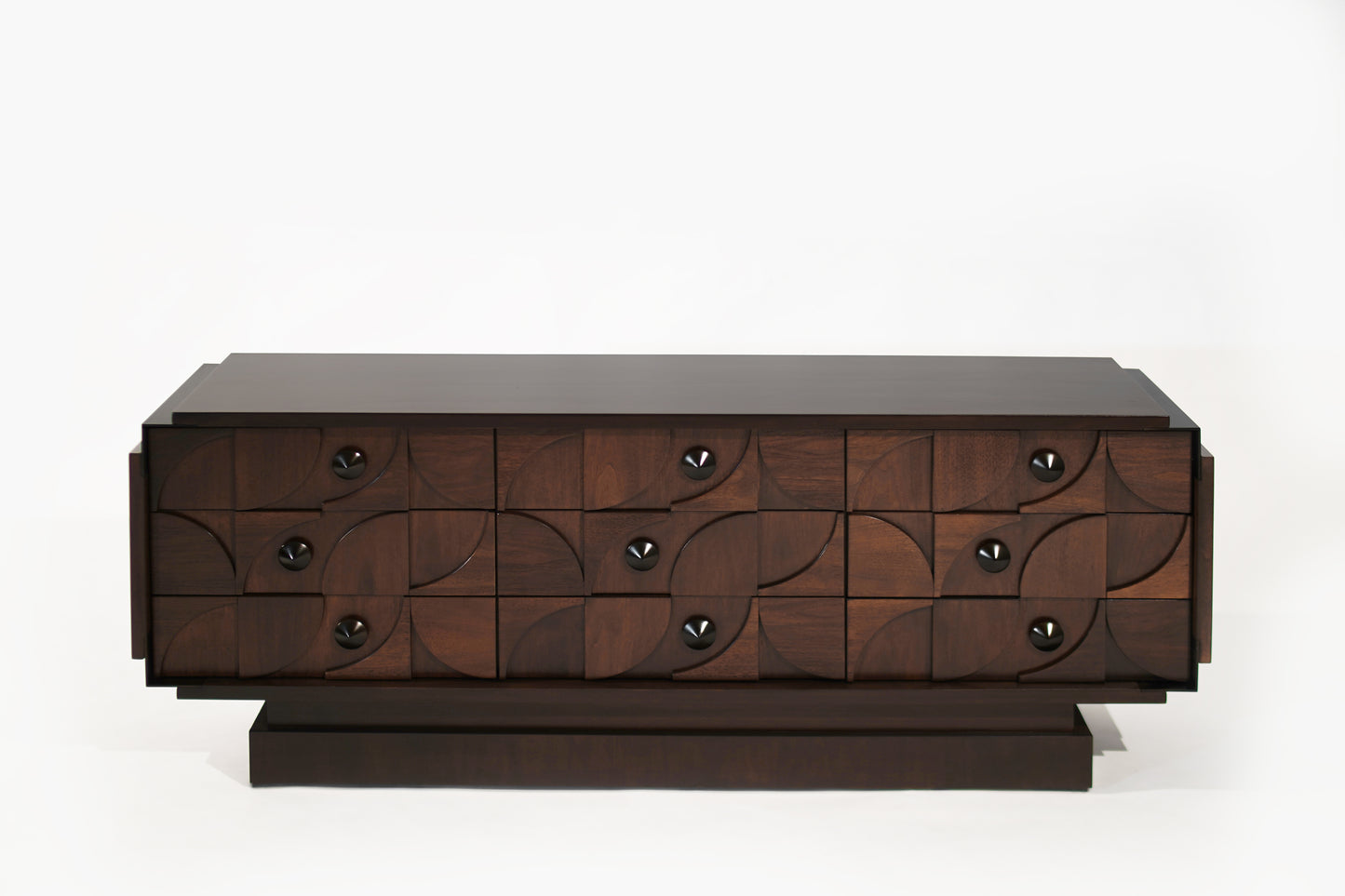 Brutalist Sculptural Walnut Dresser with ORB Accent Corners and Hardware, C. 1970s