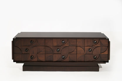 Brutalist Sculptural Walnut Dresser with ORB Accent Corners and Hardware, C. 1970s