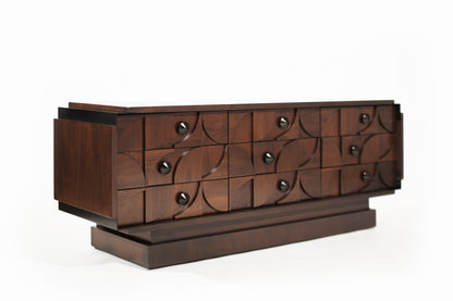 Brutalist Sculptural Walnut Dresser with ORB Accent Corners and Hardware, C. 1970s