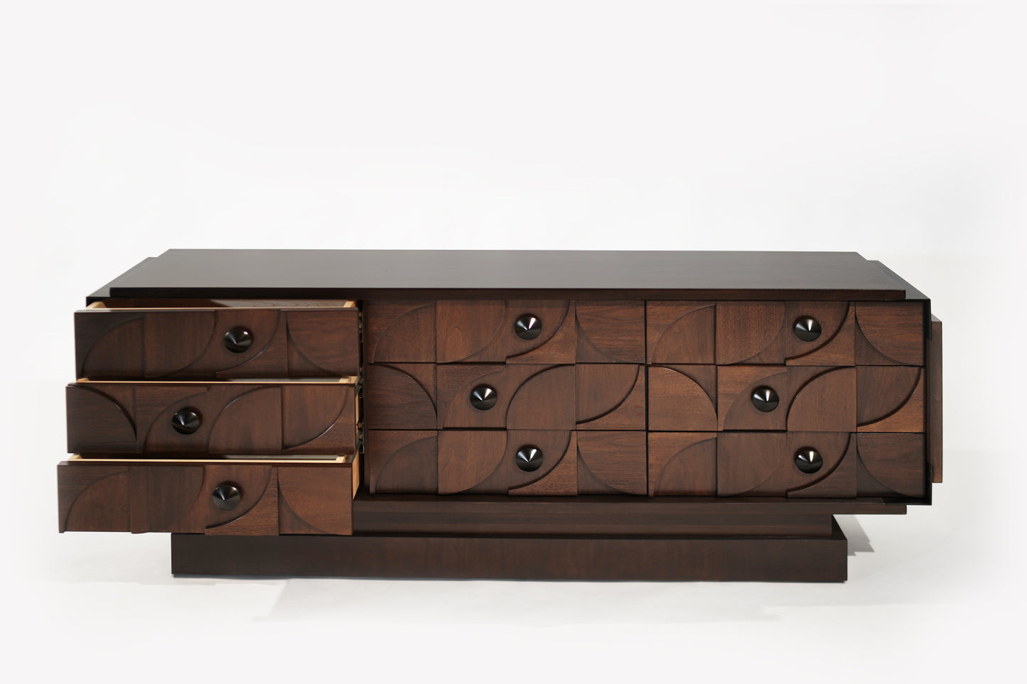 Brutalist Sculptural Walnut Dresser with ORB Accent Corners and Hardware, C. 1970s