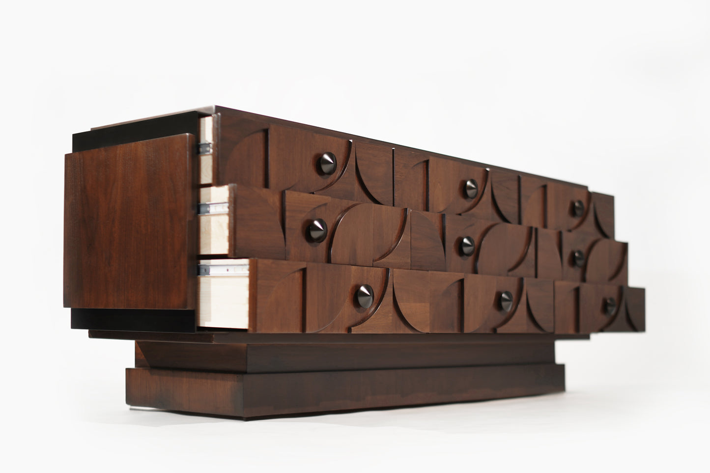 Brutalist Sculptural Walnut Dresser with ORB Accent Corners and Hardware, C. 1970s