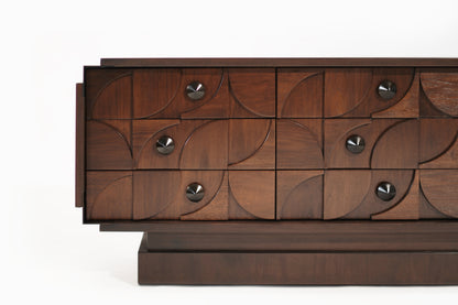 Brutalist Sculptural Walnut Dresser with ORB Accent Corners and Hardware, C. 1970s