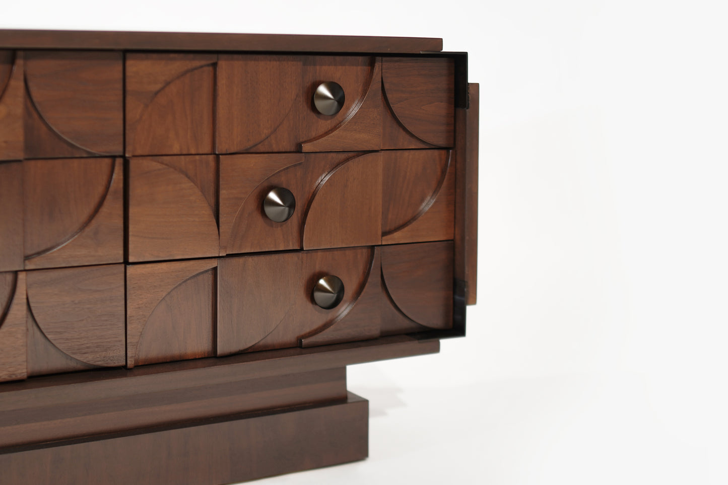 Brutalist Sculptural Walnut Dresser with ORB Accent Corners and Hardware, C. 1970s