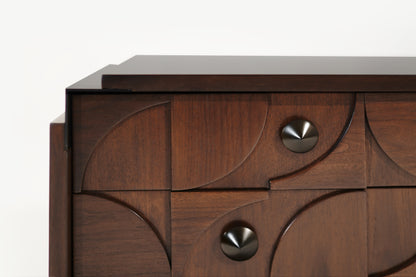 Brutalist Sculptural Walnut Dresser with ORB Accent Corners and Hardware, C. 1970s