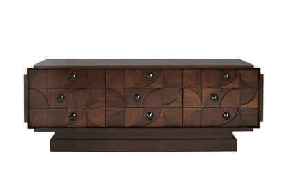 Brutalist Sculptural Walnut Dresser with ORB Accent Corners and Hardware, C. 1970s