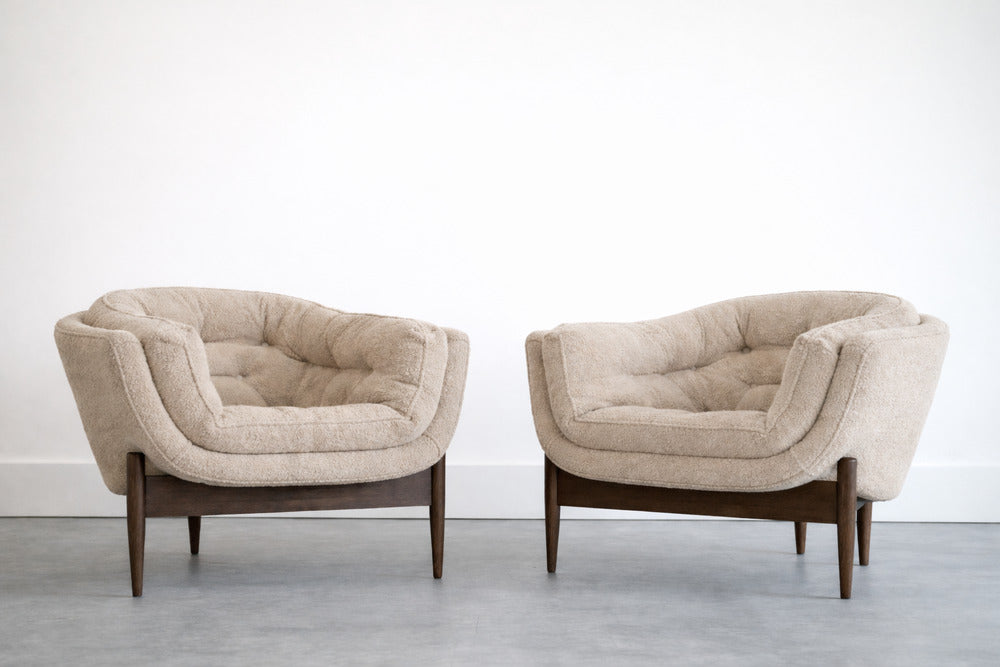 Set of MCM Sculptural Walnut Tripod Lounge Chairs in Bouclé, C. 1950s