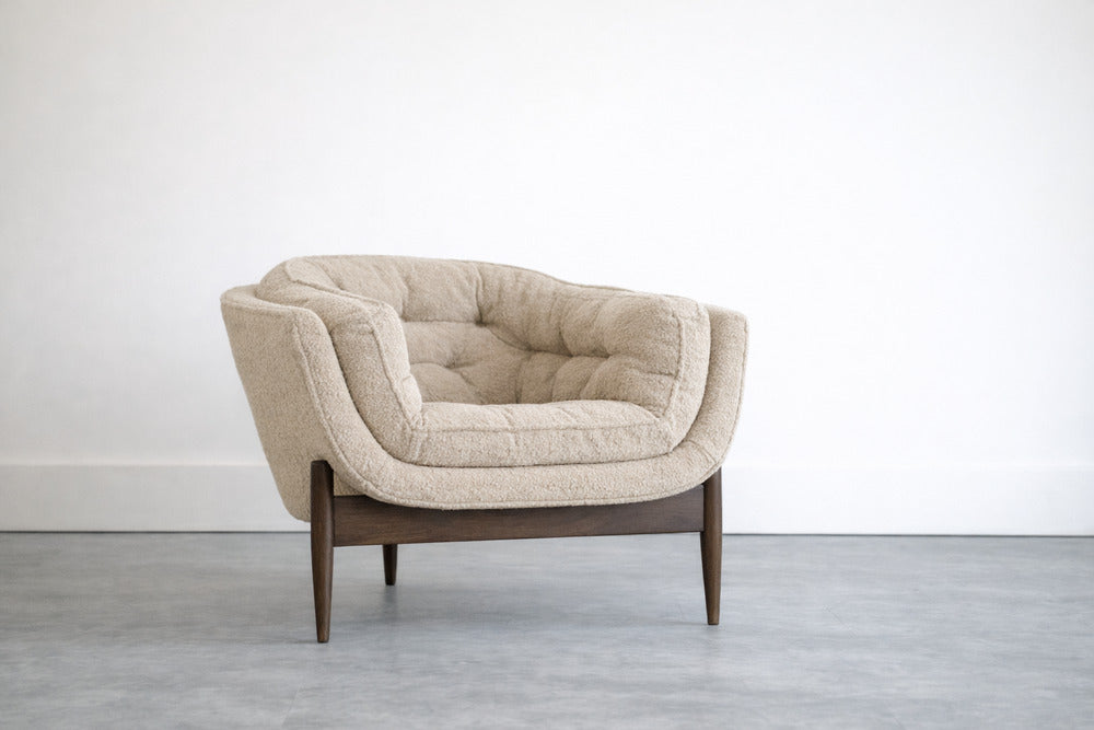 Set of MCM Sculptural Walnut Tripod Lounge Chairs in Bouclé, C. 1950s