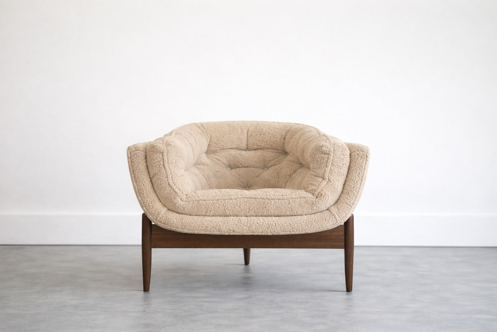 Set of MCM Sculptural Walnut Tripod Lounge Chairs in Bouclé, C. 1950s