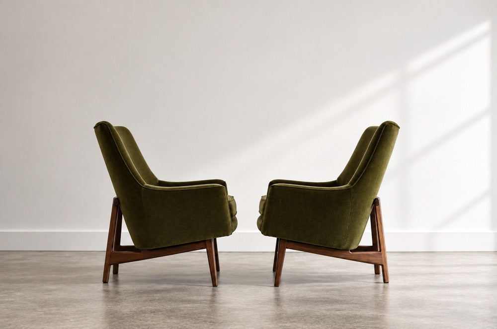 Lounge Chairs Model 2136 by Jens Risom in Velvet and Walnut, C. 1950s