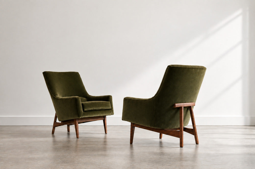 Lounge Chairs Model 2136 by Jens Risom in Velvet and Walnut, C. 1950s