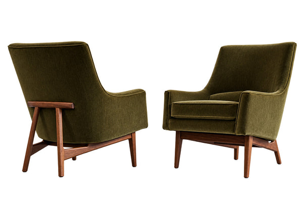 Lounge Chairs Model 2136 by Jens Risom in Velvet and Walnut, C. 1950s