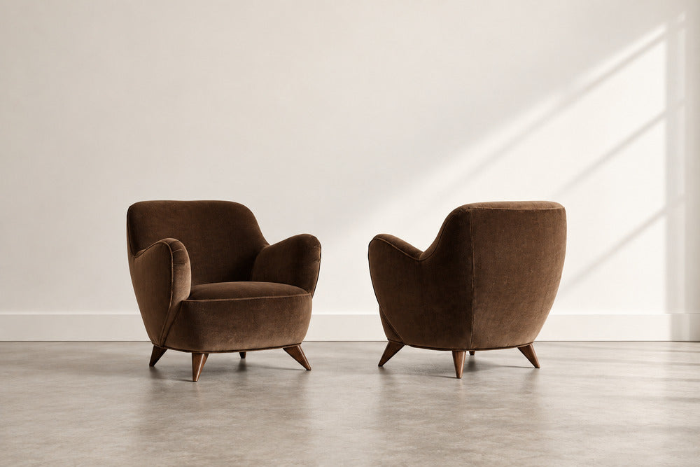 Vladimir Kagan Barrel Lounge Chairs in Brown Velvet and Walnut Legs