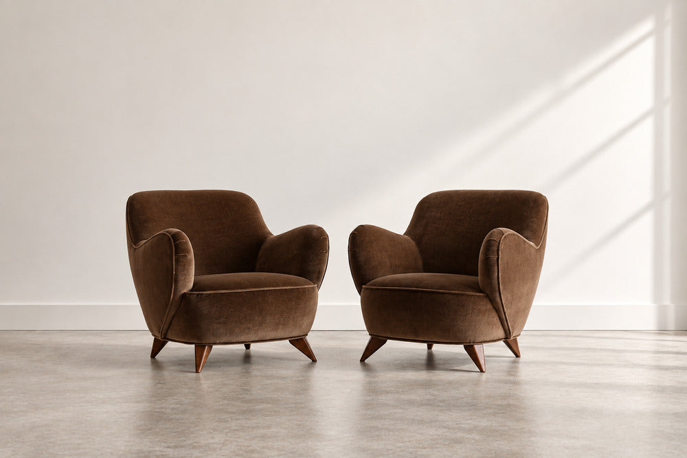 Vladimir Kagan Barrel Lounge Chairs in Brown Velvet and Walnut Legs