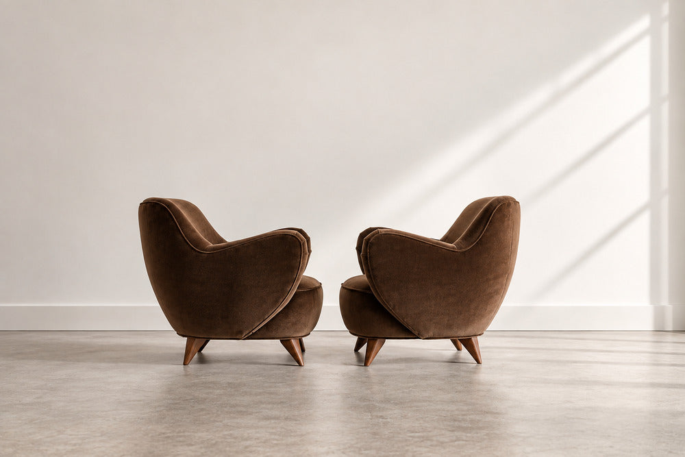 Vladimir Kagan Barrel Lounge Chairs in Brown Velvet and Walnut Legs