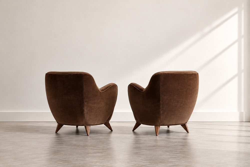 Vladimir Kagan Barrel Lounge Chairs in Brown Velvet and Walnut Legs