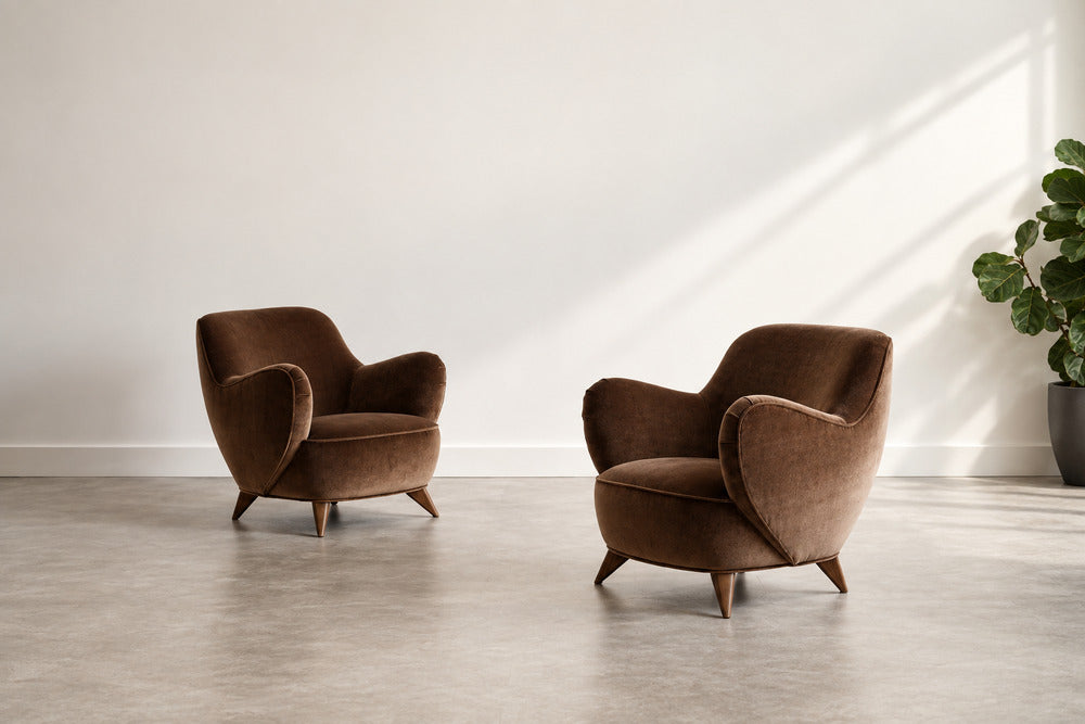 Vladimir Kagan Barrel Lounge Chairs in Brown Velvet and Walnut Legs