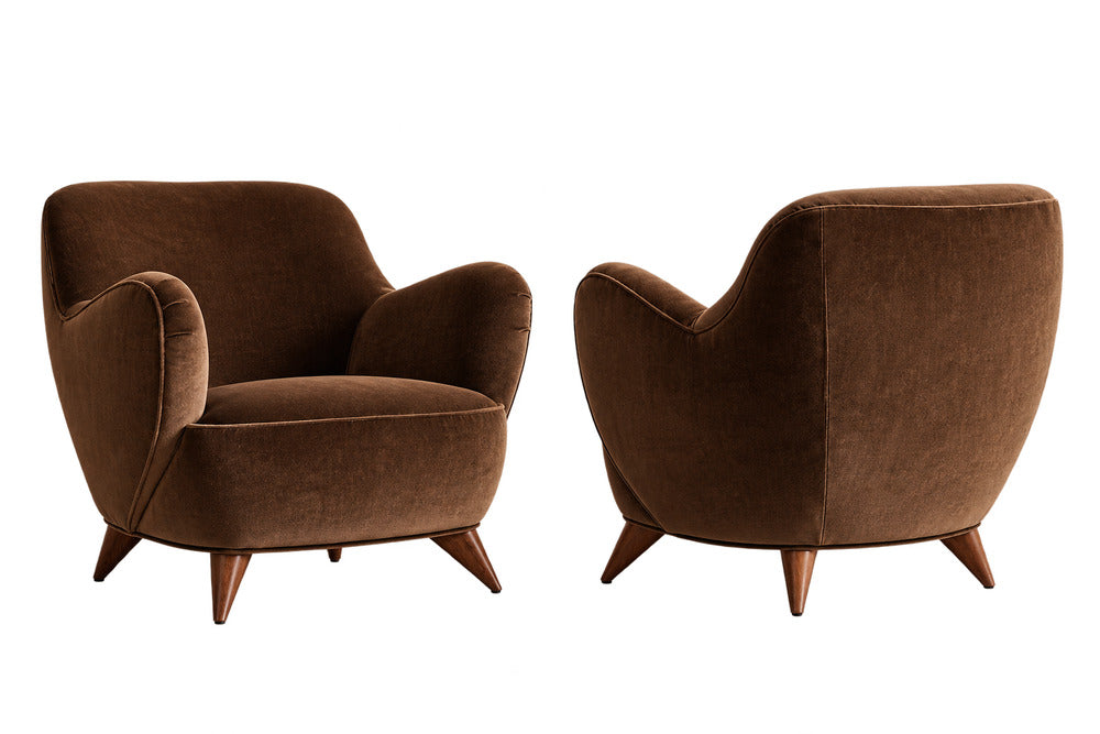 Vladimir Kagan Barrel Lounge Chairs in Brown Velvet and Walnut Legs
