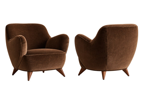 Vladimir Kagan Barrel Lounge Chairs in Brown Velvet and Walnut Legs
