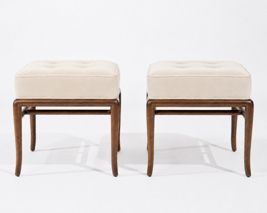 Set of Stools by T.H. Robsjohn-Gibbings in Walnut and Velvet, C. 1950s