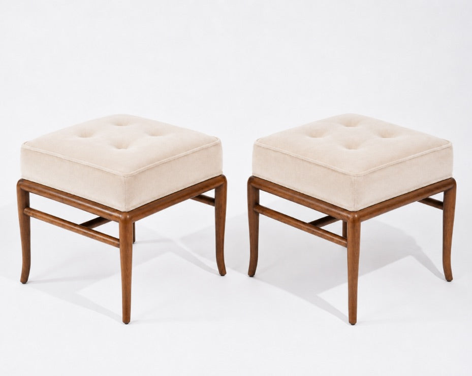 Set of Stools by T.H. Robsjohn-Gibbings in Walnut and Velvet, C. 1950s