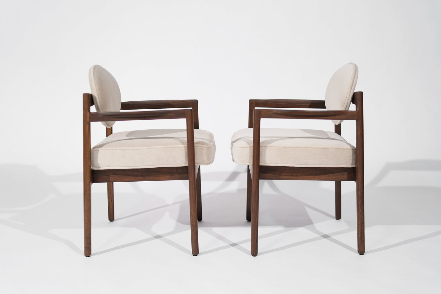 Jens Risom Walnut Armchairs in Natural Mohair, C. 1950s