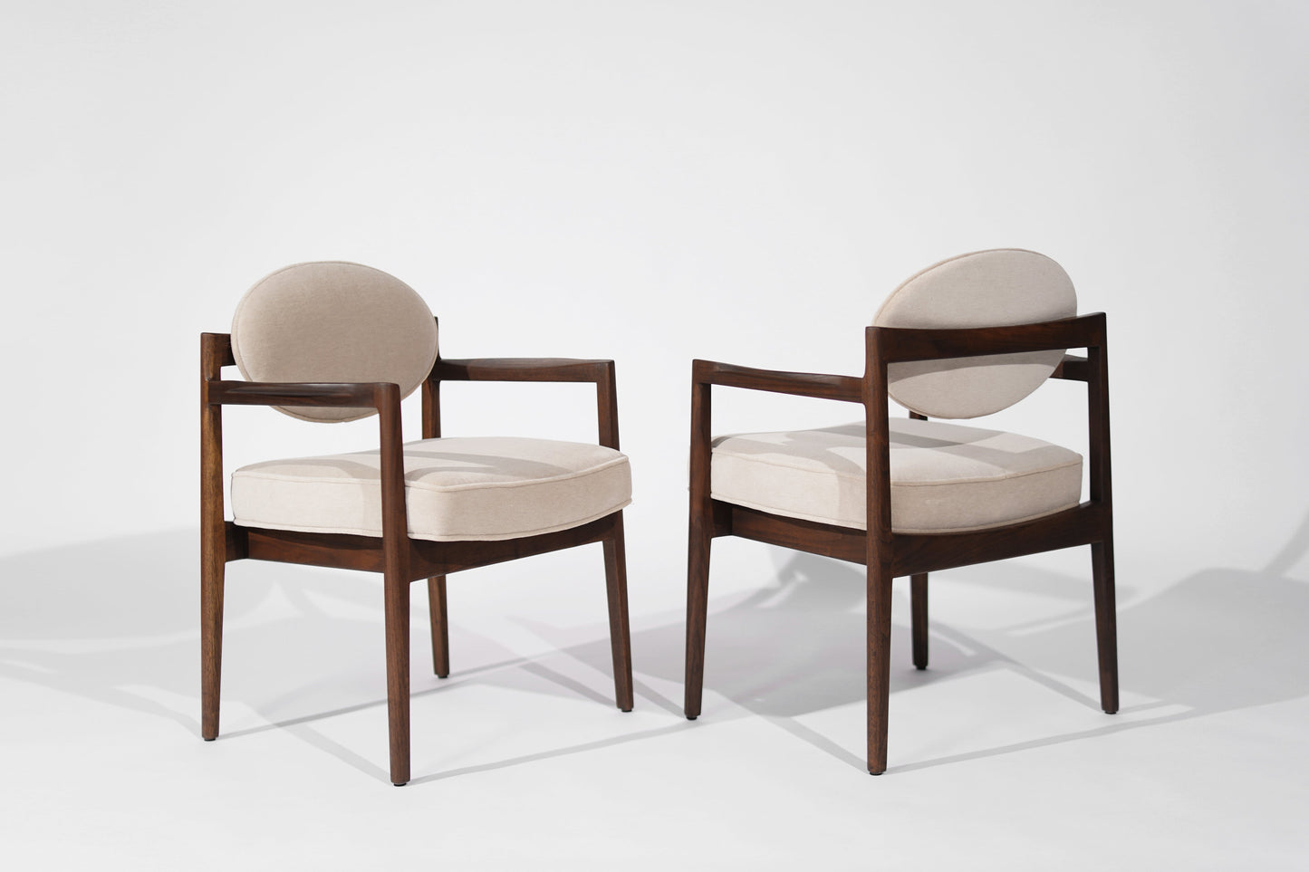 Jens Risom Walnut Armchairs in Natural Mohair, C. 1950s
