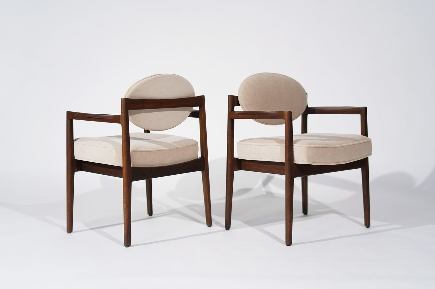 Jens Risom Walnut Armchairs in Natural Mohair, C. 1950s