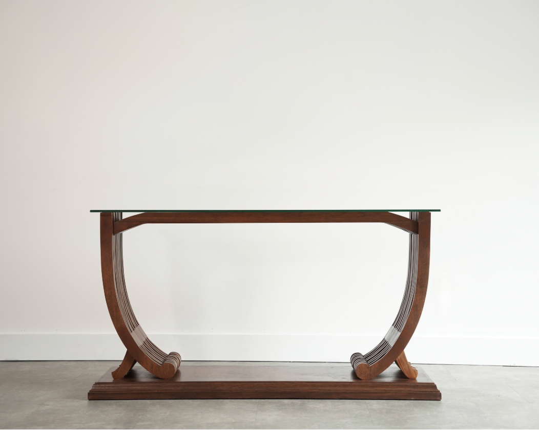 English Art Deco Console Table Attributed to Harry & Lou Epstein, Oak & Glass, c. 1940