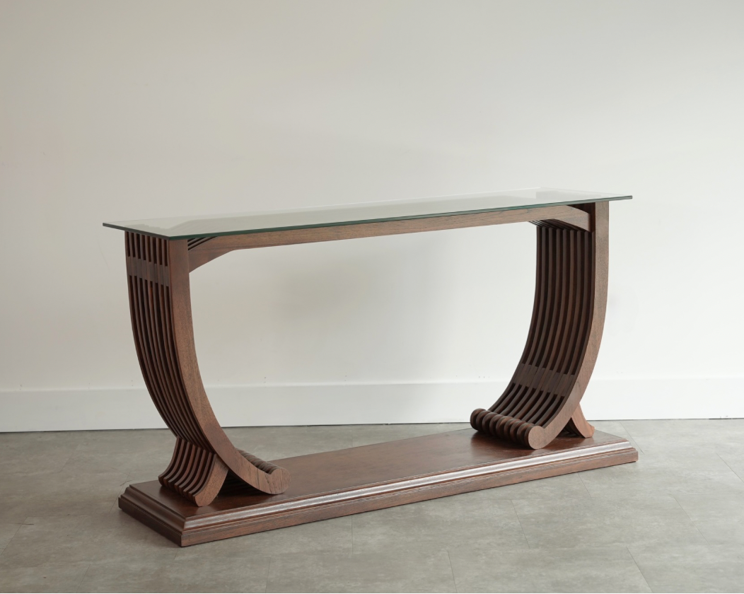 English Art Deco Console Table Attributed to Harry & Lou Epstein, Oak & Glass, c. 1940