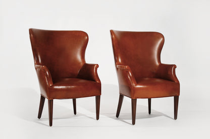 Set of Wingback Club Chairs in Cognac Leather, C. 1950s