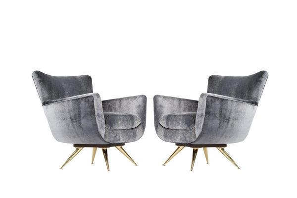 Henry Glass Swivel Chairs in Distressed Silver Velvet, C. 1950s