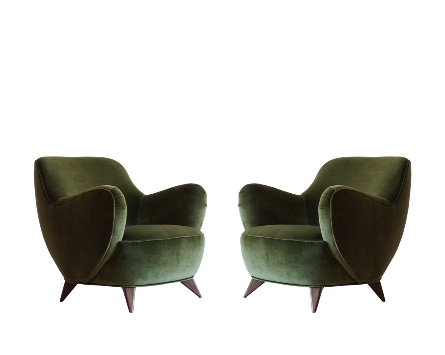 Vladimir Kagan Barrel Lounge Chairs in Olive Green Velvet and Walnut Legs