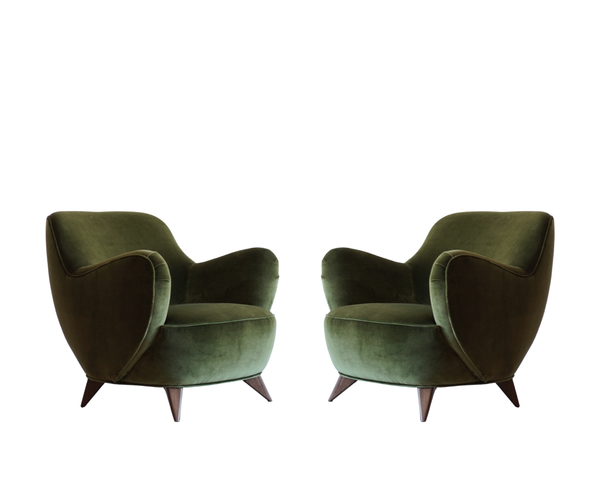 Vladimir Kagan Barrel Lounge Chairs in Olive Green Velvet and Walnut Legs