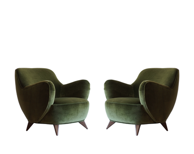 Vladimir Kagan Barrel Lounge Chairs in Olive Green Velvet and Walnut Legs
