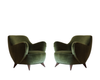 Vladimir Kagan Barrel Lounge Chairs in Olive Green Velvet and Walnut Legs