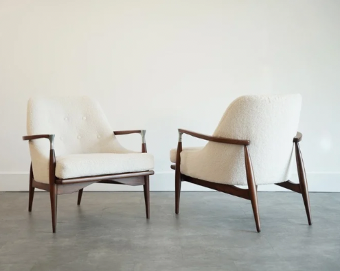 IB Kofod-Larsen Style Modern Lounge Chairs in Walnut & Bouclé, C. 1950s