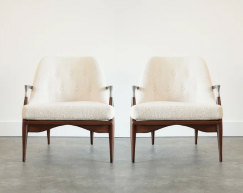 IB Kofod-Larsen Style Modern Lounge Chairs in Walnut & Bouclé, C. 1950s