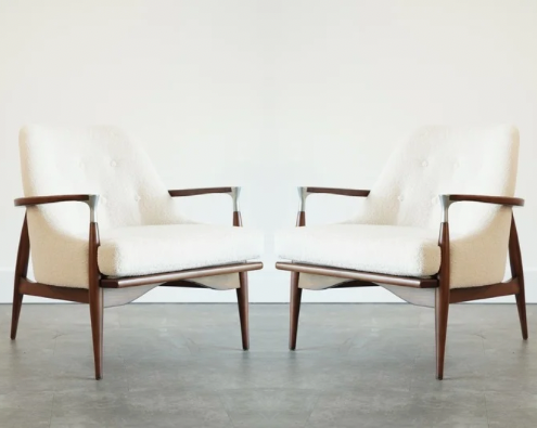 IB Kofod-Larsen Style Modern Lounge Chairs in Walnut & Bouclé, C. 1950s