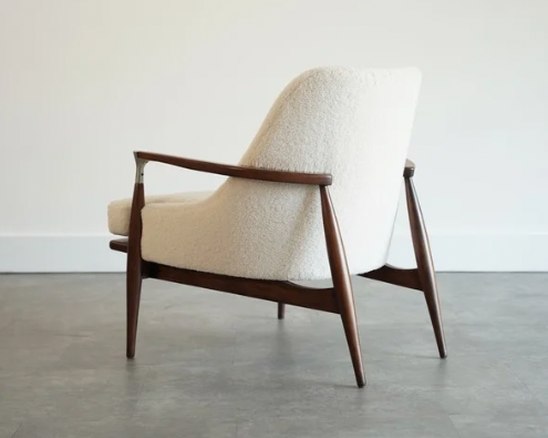 IB Kofod-Larsen Style Modern Lounge Chairs in Walnut & Bouclé, C. 1950s