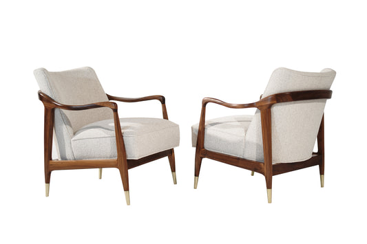 Set of Gio Ponti Style Sculpted Walnut Lounge Chairs, C. 1950s