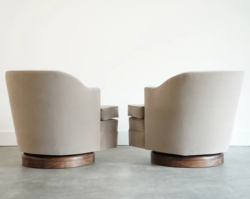 Set MCM Swivel Chairs in Taupe Velvet & Walnut, C. 1950s
