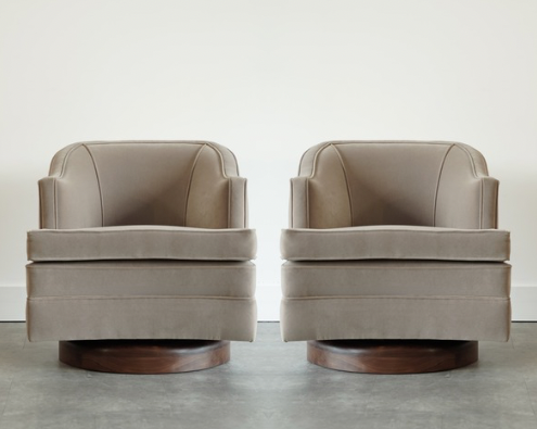 Set MCM Swivel Chairs in Taupe Velvet & Walnut, C. 1950s