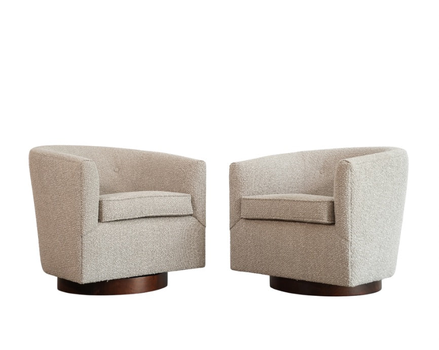 Edward Wormley for Dunbar Swivel Chairs in Mahogany and Taupe Boucle, C. 1950s