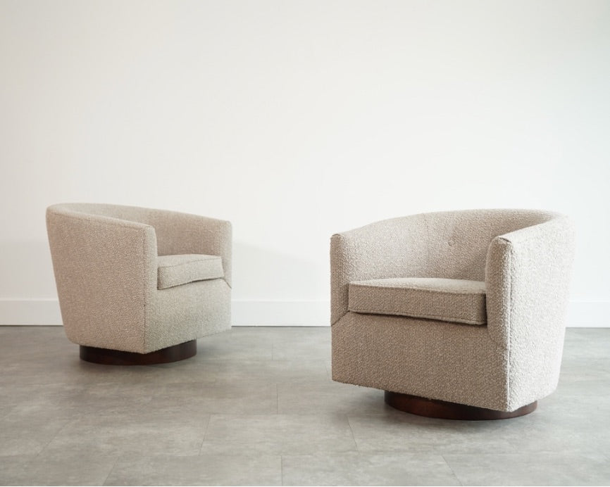 Edward Wormley for Dunbar Swivel Chairs in Mahogany and Taupe Boucle, C. 1950s