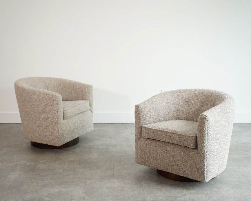 Edward Wormley for Dunbar Swivel Chairs in Mahogany and Taupe Boucle, C. 1950s