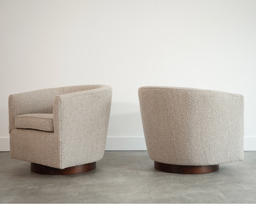 Edward Wormley for Dunbar Swivel Chairs in Mahogany and Taupe Boucle, C. 1950s