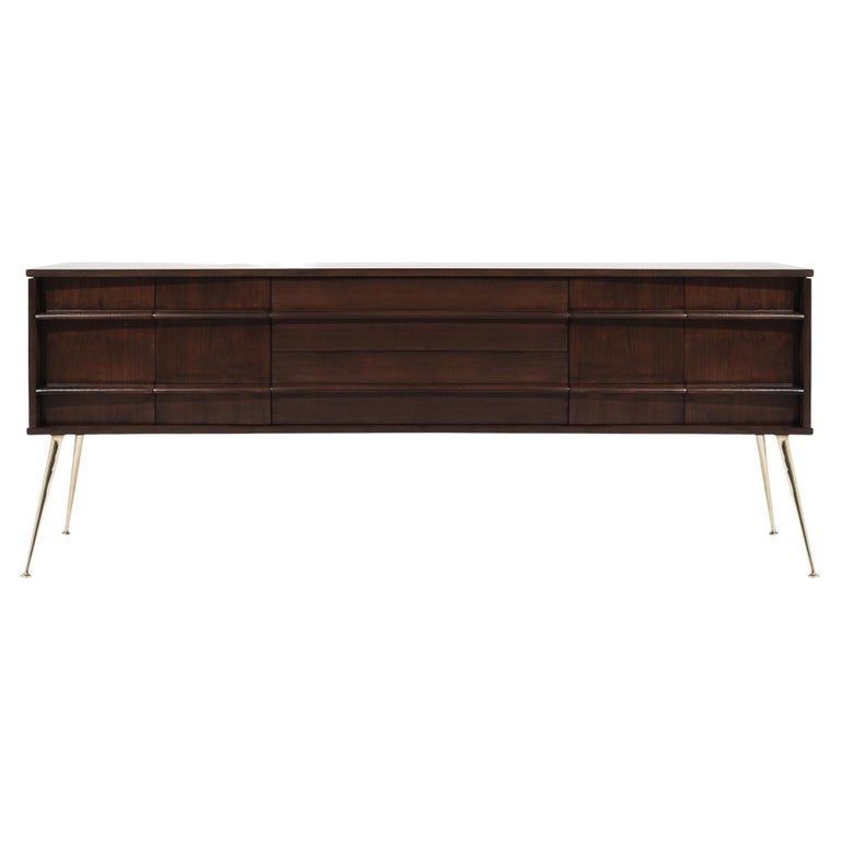 Mid Century Modern Walnut Credenza on Brass Legs, C. 1960s.